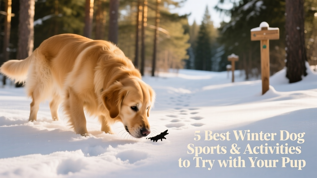 A dog intently sniffing the snow-covered ground during a scent-tracking game