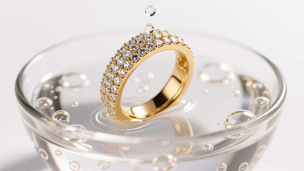 Macro shot of a 14k gold diamond pavé ring submerged in a glass bowl of soapy water, illuminated by soft, warm studio lighting