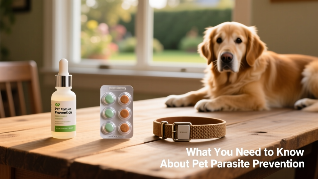Side-by-side comparison of common parasite prevention products: topical solution, chewable tablet, and collar