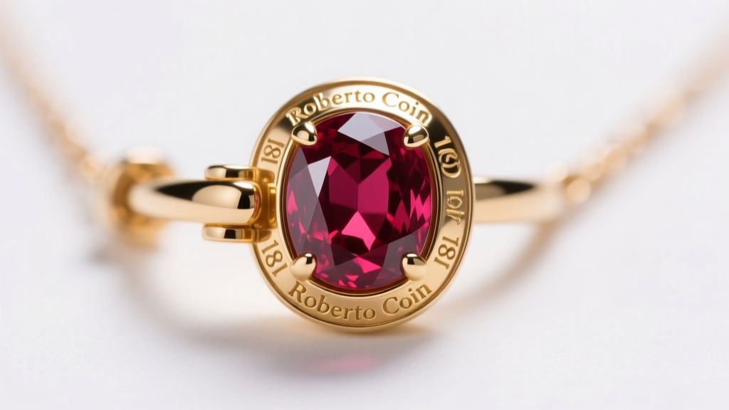 Macro shot of a Roberto Coin necklace clasp showing the signature hidden synthetic ruby cabochon and clear 18k gold hallmarks.