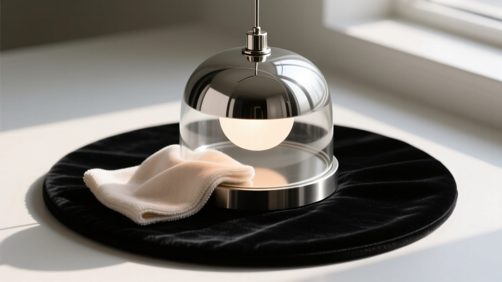 Soft microfiber cloth gently polishing the metal casing of a round mood pendant, avoiding the glass dome, on a dark velvet mat.