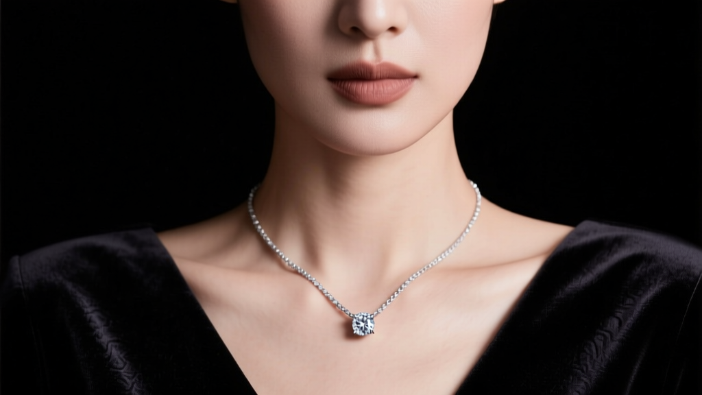 Woman wearing a 1-carat bezel-set diamond solitaire necklace on a delicate platinum chain against a dark velvet background.