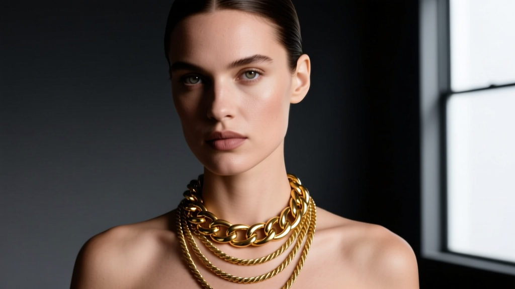 Model wearing a thick 12mm gold Miami Cuban link necklace and layered rope chains against a stark, moody studio backdrop