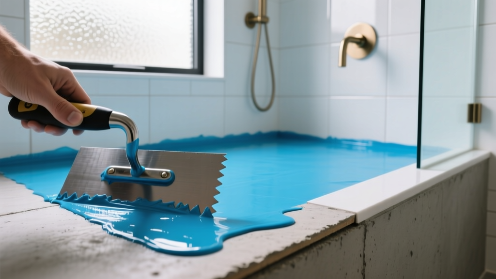 Close-up of a notched trowel applying a bright blue liquid waterproofing membrane over cement board in a modern walk-in shower enclosure