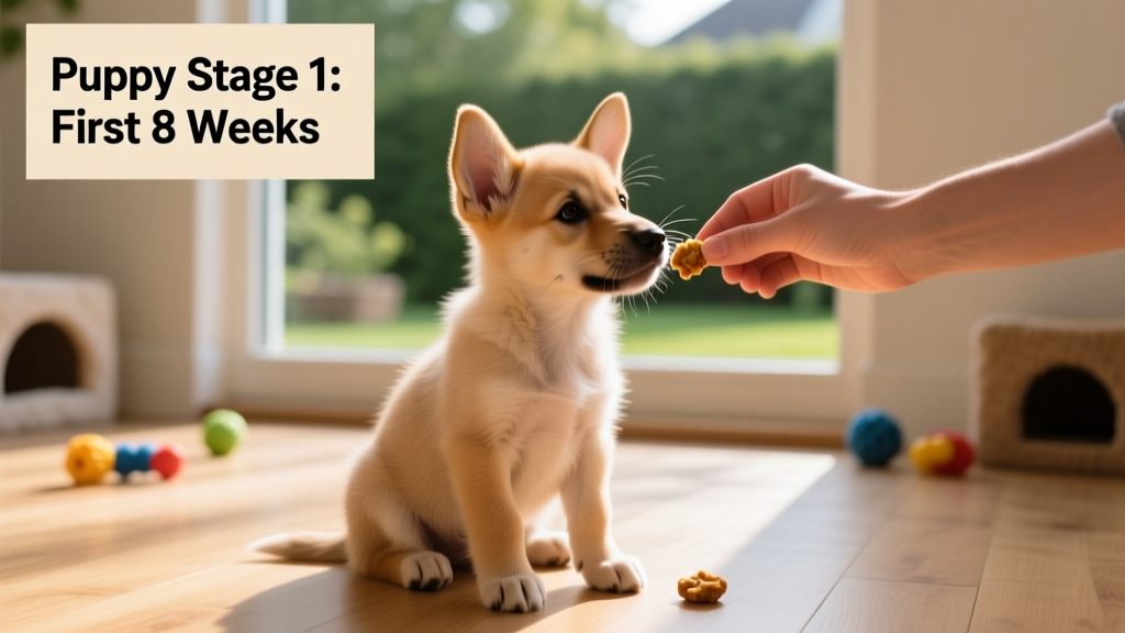 Eight-week-old puppy sitting attentively while receiving a treat during a training session