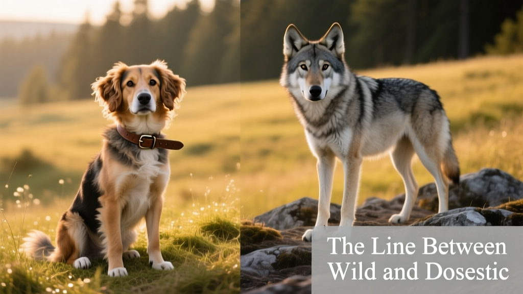 Side-by-side comparison of a calm, friendly dog and a wary, wild-looking wolf hybrid