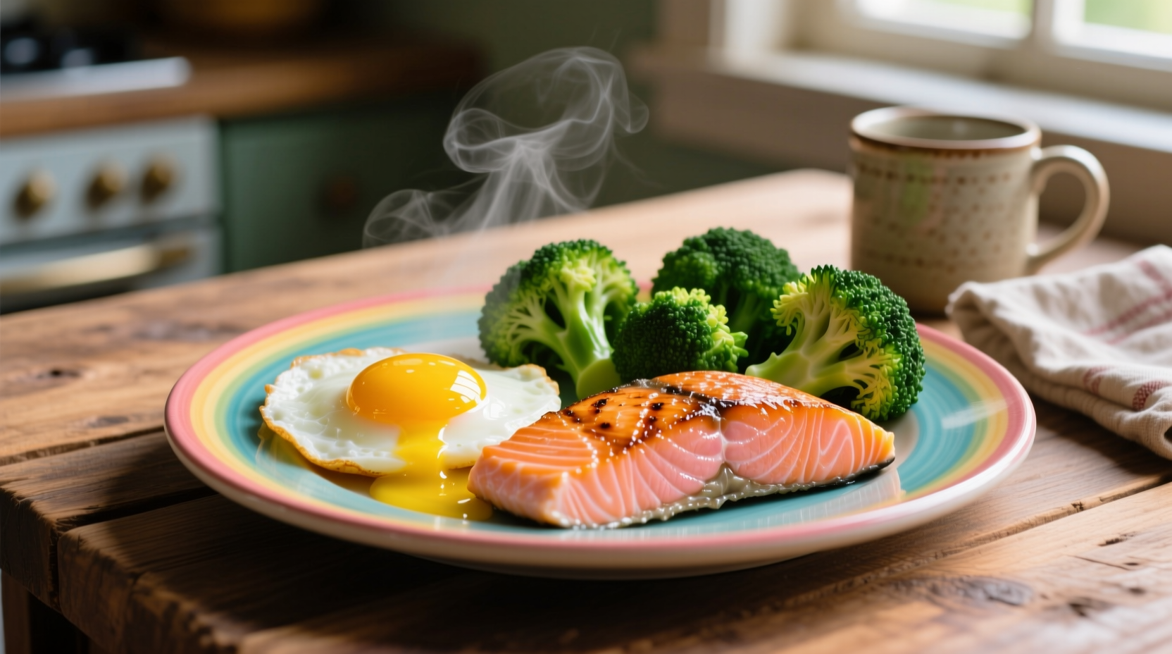 Colorful plate of choline-rich foods including eggs, salmon, and broccoli