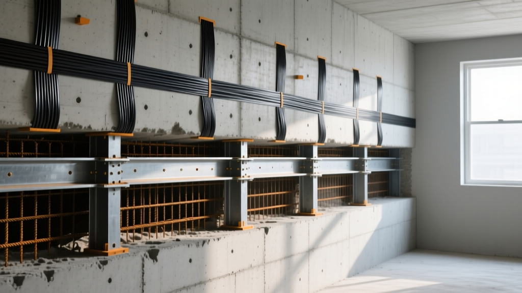 Cross-section of a bowing concrete basement wall reinforced with carbon fiber straps and steel I-beam braces resisting lateral earth pressure