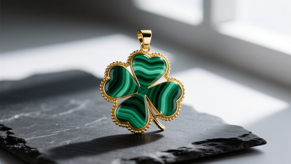 Side profile of a malachite clover pendant showing vibrant green banding and a gold beaded border, photographed on dark slate