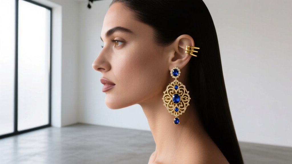 Side profile of a woman wearing Iradj Moini gold and sapphire ear cuffs, lit by soft directional studio lighting in a modern room.