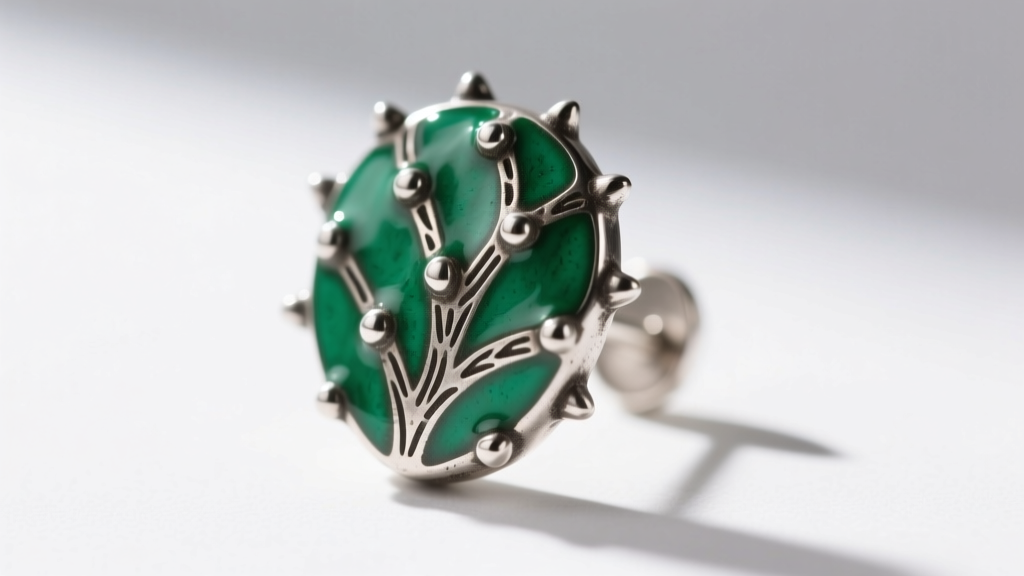 Macro shot of an oxidized sterling silver prickly pear cactus earring showing intricate engraved spines and vibrant green enamel
