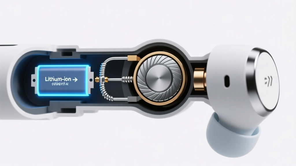 Cutaway diagram of a true wireless earbud highlighting the internal micro lithium-ion battery, Bluetooth antenna, and dynamic driver