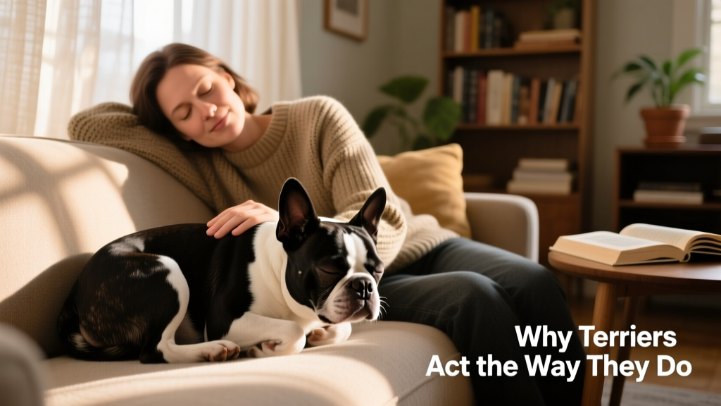 A Boston Terrier snuggled comfortably on a couch beside its owner, eyes soft and relaxed