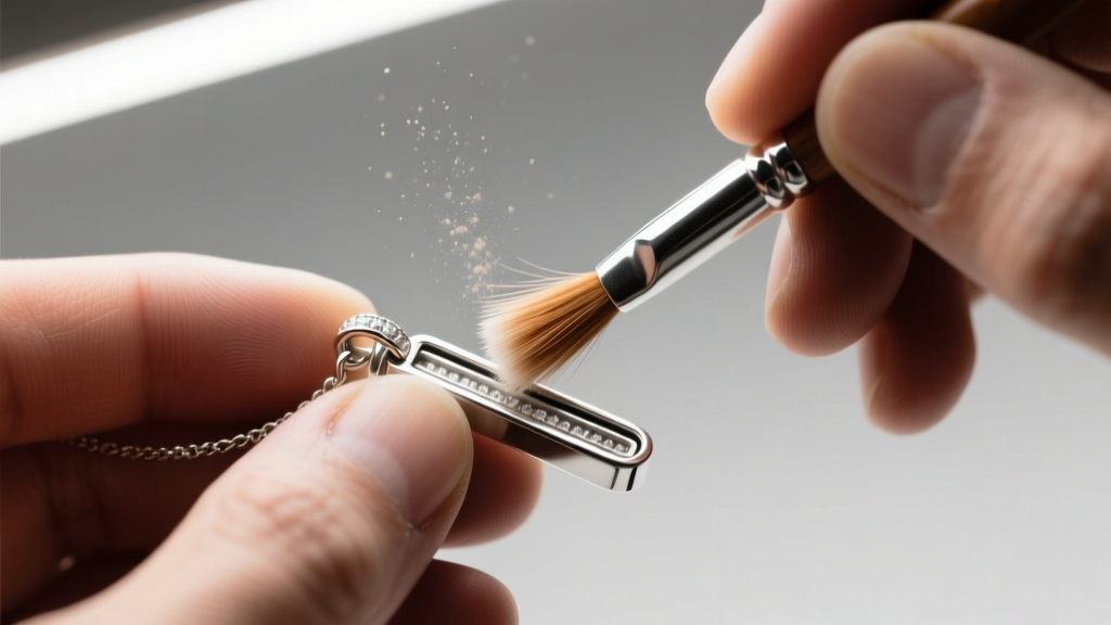 Close-up of a jeweler using a soft horsehair brush to clean the inner track of a sterling silver slide pendant under bright light.