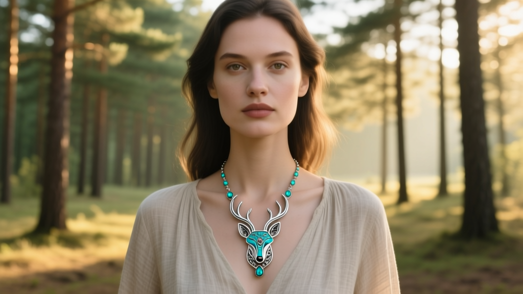 Woman wearing a turquoise and silver wildlife pendant necklace, standing outdoors with a softly blurred pine forest background