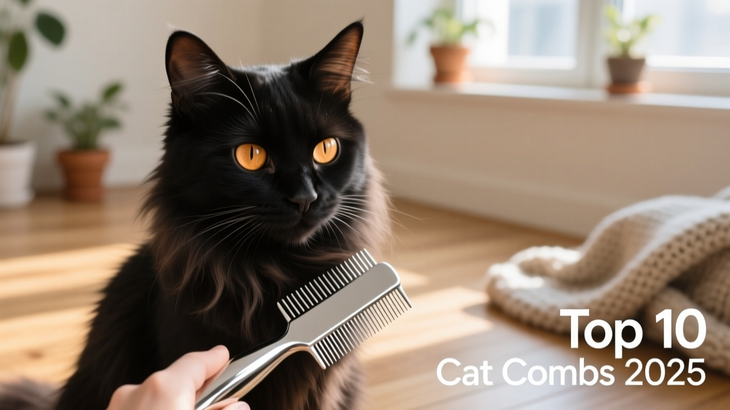 Close-up of a calm cat being gently brushed with a stainless steel comb