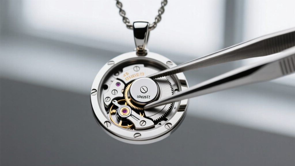Open back case of a quartz watch pendant showing a tiny SR626SW silver oxide battery, held carefully by precision steel tweezers.