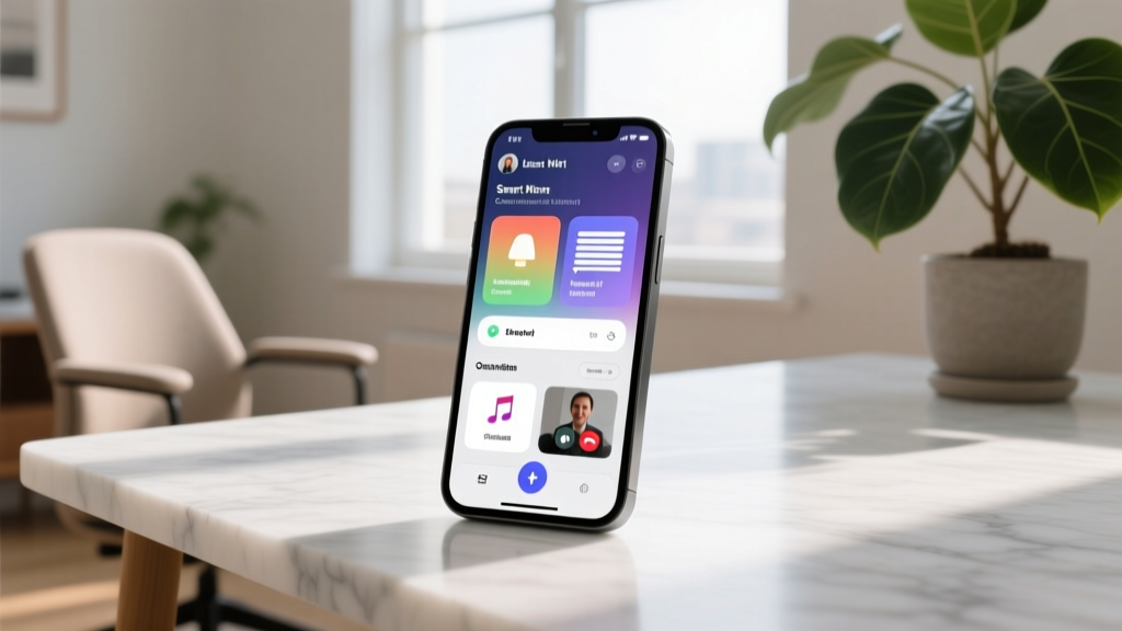 Smartphone screen displaying a smart home app dashboard with custom automation routines for deep work and video calls.