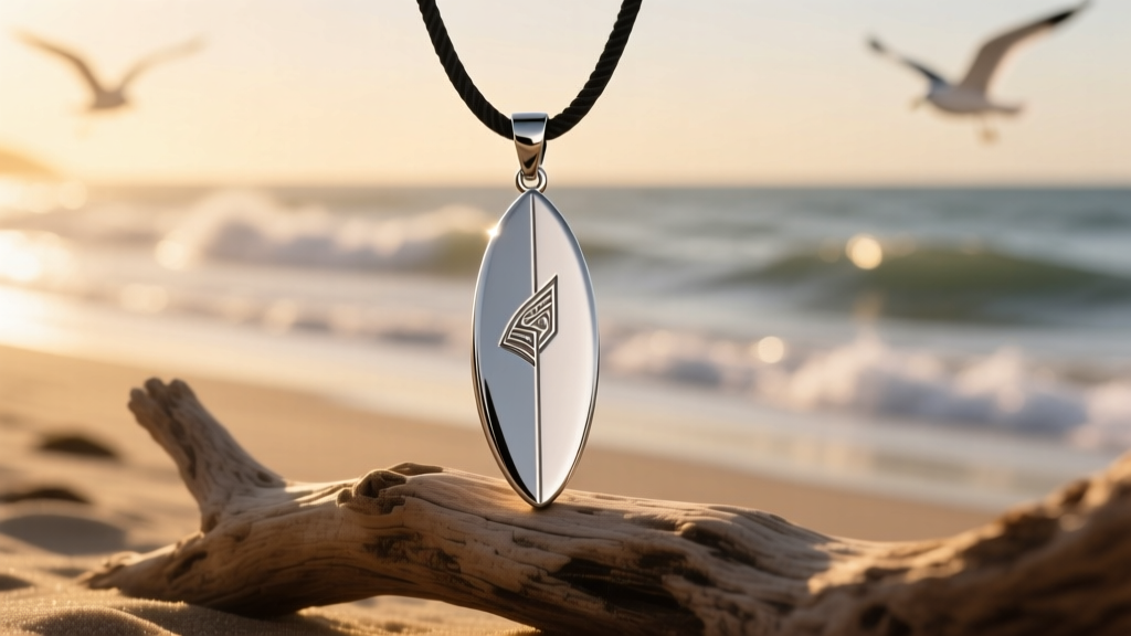 Close-up of a 316L stainless steel surfboard pendant on a black polyester cord, resting on sun-bleached driftwood by the ocean.
