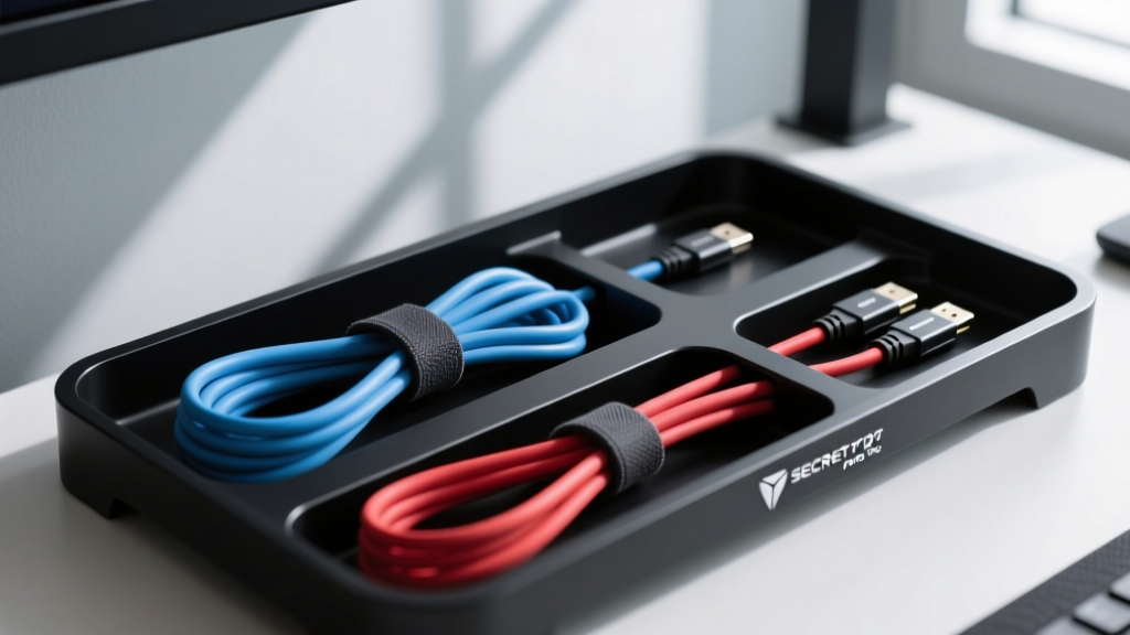 Close-up view of the Secretlab MAGNUS Pro under-desk cable management tray featuring neatly routed Thunderbolt 4 and power cables.