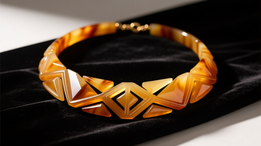 Vintage carved butterscotch Bakelite necklace on dark velvet, showing amber patina and Art Deco cuts under warm studio lighting