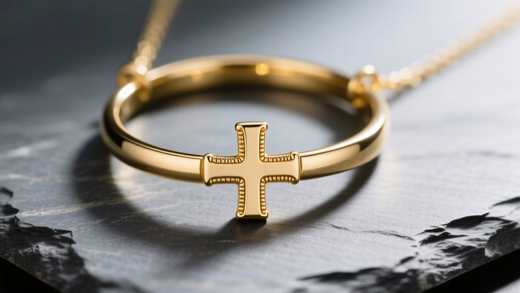 Close-up of a 14k gold circle cross necklace on slate, highlighting solder joints connecting the ring to cross arms.