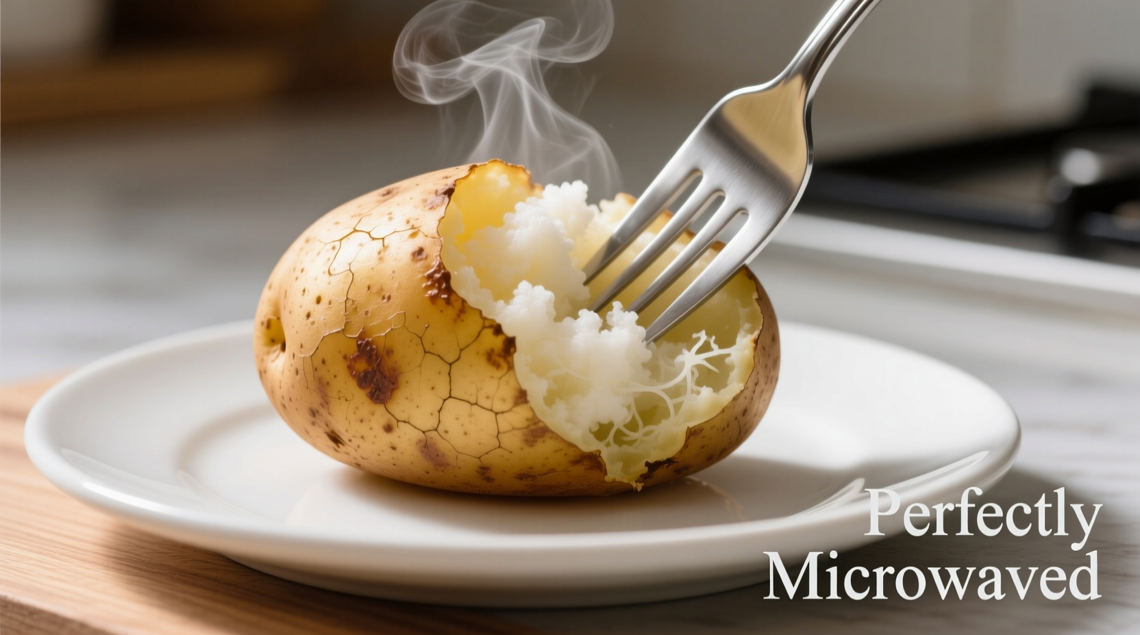 Perfectly microwaved potato with fork showing fluffy interior