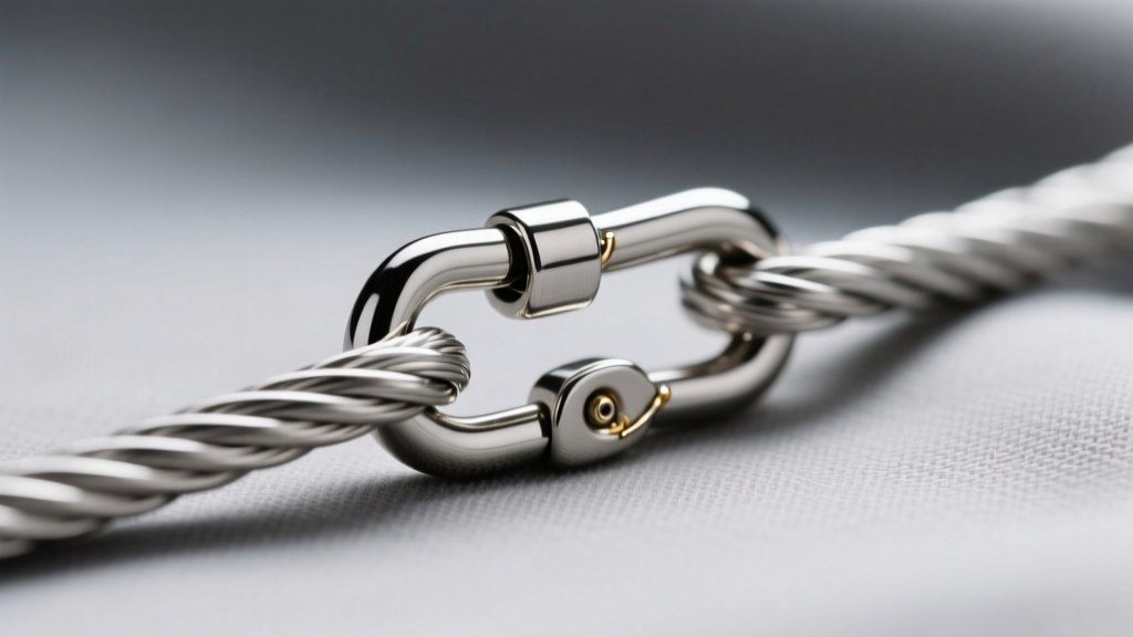 Macro shot of a 1.5mm steel cable chain connecting to a lobster clasp, highlighting the precise jump ring soldering detail.