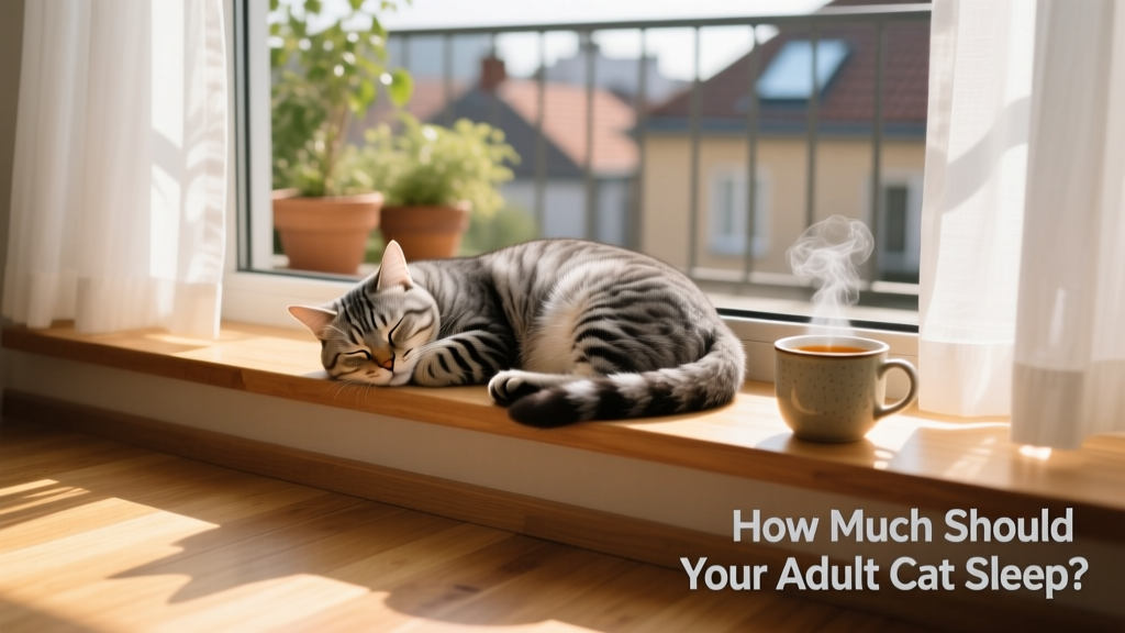 A relaxed adult cat curled up asleep on a sunlit windowsill