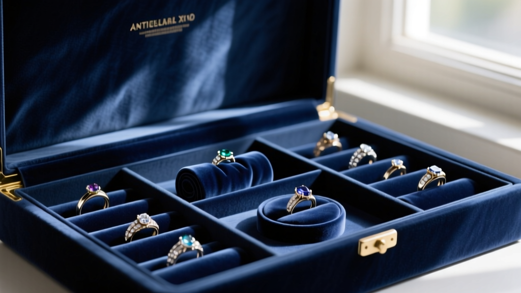 Interior of large jewelry box vintage style lined with dark blue anti tarnish fabric, showing neat edges and velvet ring rolls