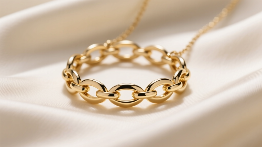 14k gold interlocking ring necklace on cream silk, soft directional lighting highlighting the seamless interlocking metal joints
