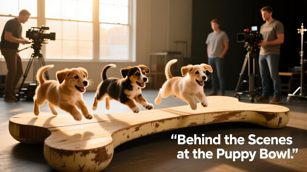 A group of playful puppies romping near the edge of a bone-shaped stage, with volunteers and camera operators visible in soft focus