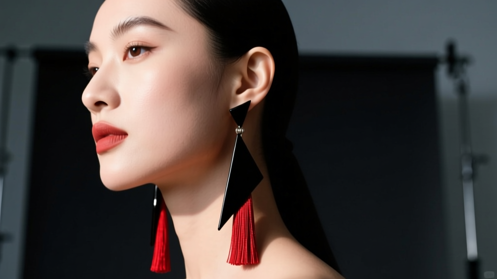 Side profile of a model with a round face wearing long angular black and red tassel earrings, blurred dark studio background shot