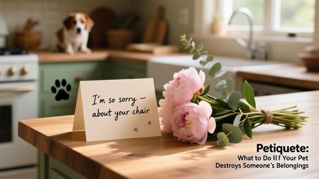 A warm, handwritten apology card beside a small bouquet of flowers on a kitchen counter