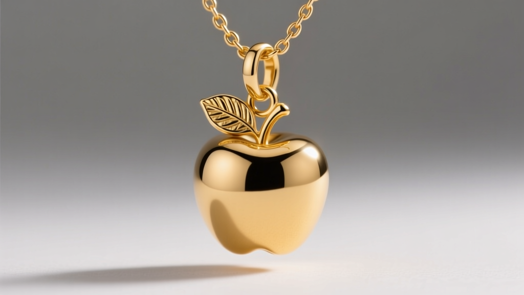 Solid 3D gold apple charm with textured leaf on a 2mm wheat chain, showing sturdy bail and secure jump ring clasp in macro view.