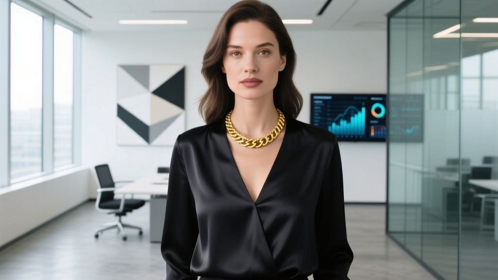 Woman wearing an 18-inch gold princess necklace over a dark silk V-neck blouse in a bright, modern corporate office environment.