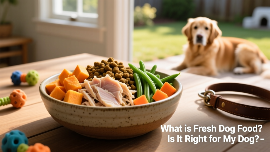 A bowl of vibrant, whole-food fresh dog food featuring shredded chicken, sweet potato, green beans, and carrots
