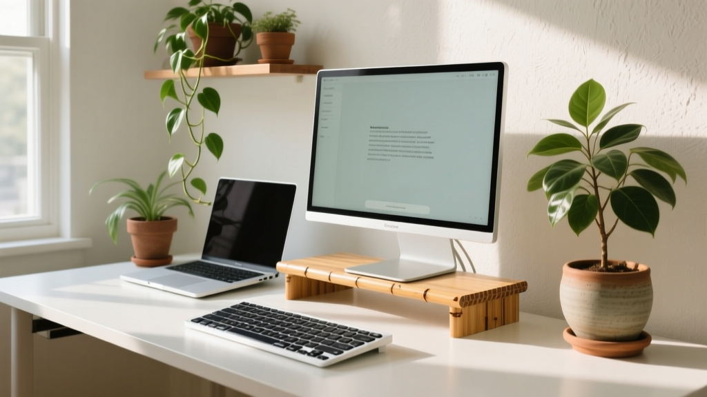 A sunlit minimalist home office desk featuring a solar-powered keyboard, an e-ink monitor, and a bamboo laptop stand surrounded by potted plants.