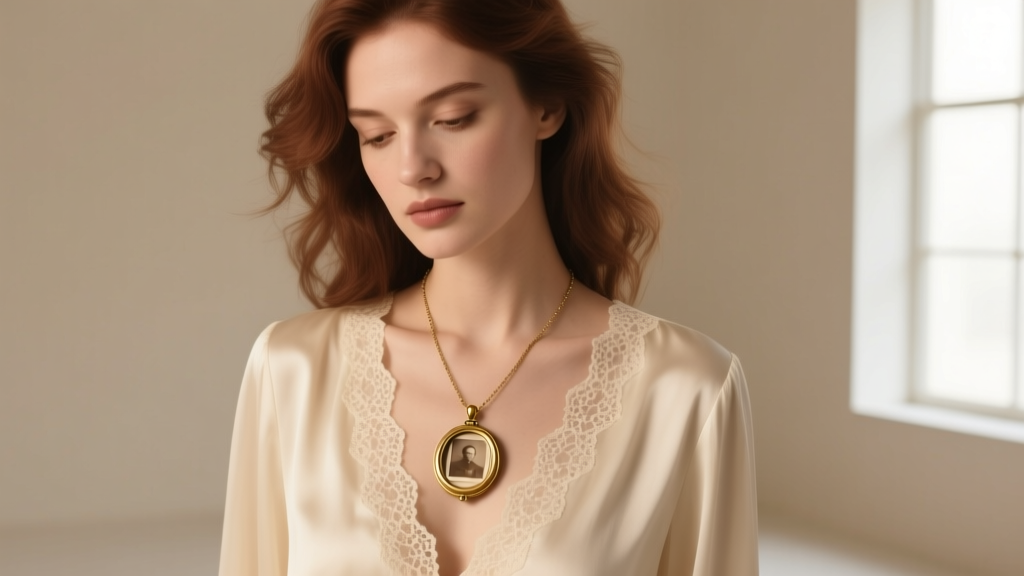 Woman wearing a vintage-style brass locket necklace over a cream silk blouse, with the locket open to reveal a small sepia photo
