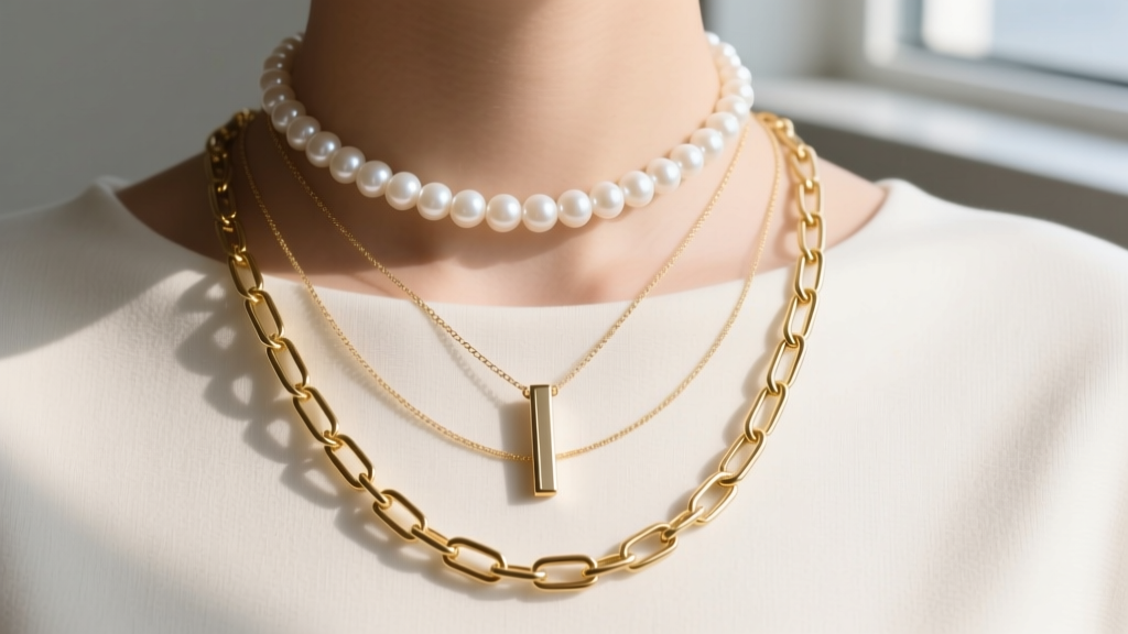 Layered necklace styling featuring a 16-inch pearl choker, an 18-inch vertical name necklace, and a 22-inch gold paperclip chain