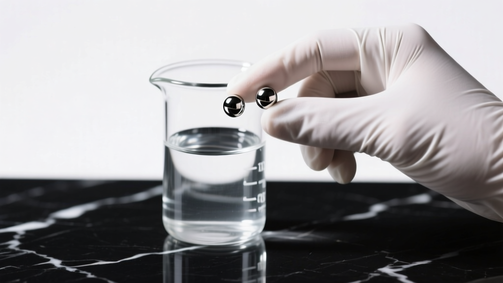 Gloved hand holding titanium labret studs over a glass beaker of clear isopropyl alcohol under bright, clinical studio lighting setup.