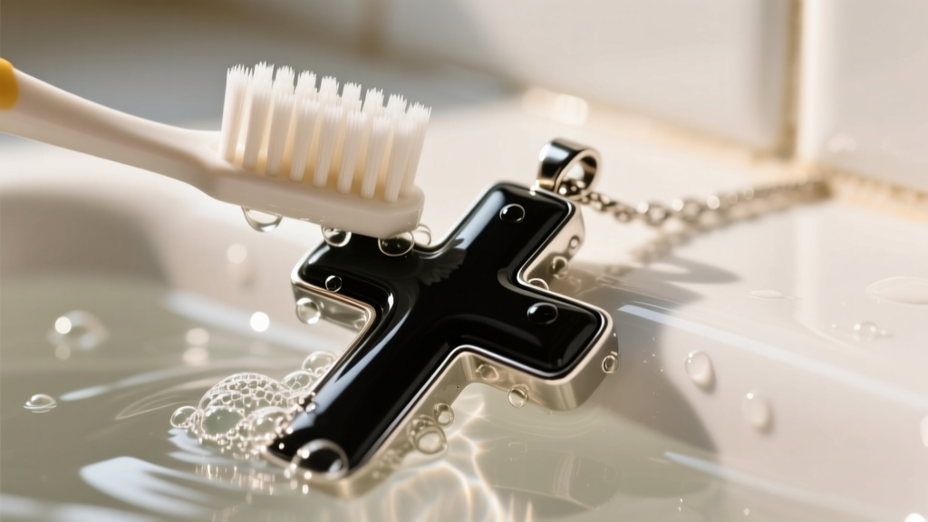 Close-up of a soft bristle toothbrush gently scrubbing a black onyx and stainless steel cross pendant in warm soapy water