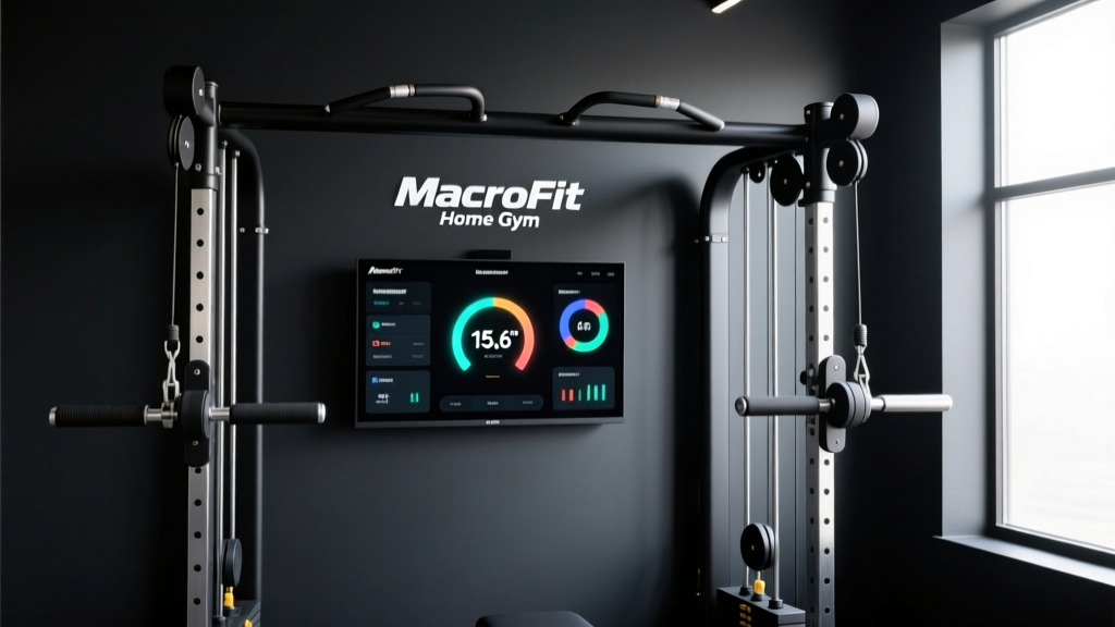 MacroFit Home Gym mounted on a dark studio wall showing the 15.6-inch interactive display and dual adjustable cable arms