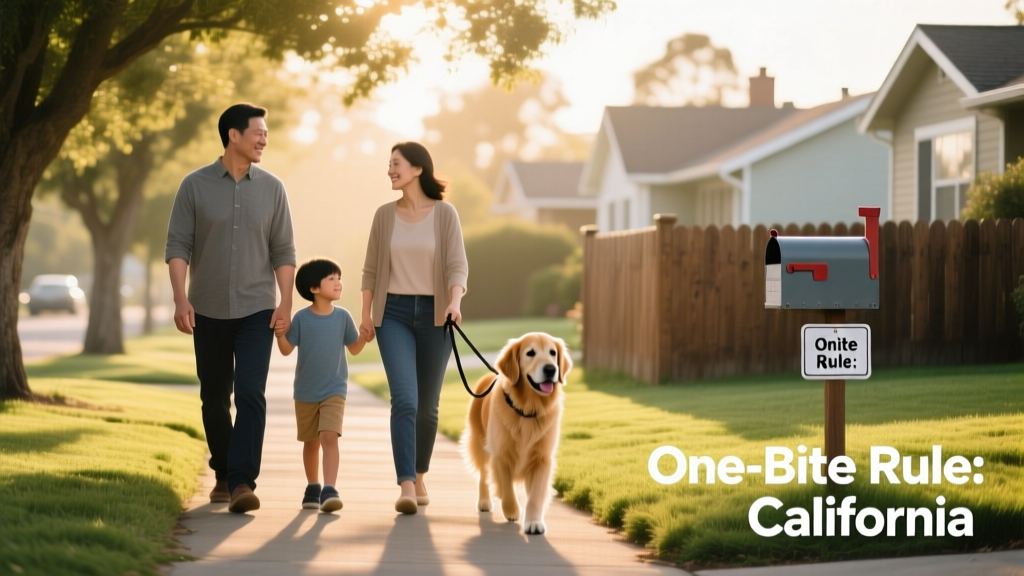 A family walking their dog safely on a leash along a quiet neighborhood path, demonstrating responsible ownership