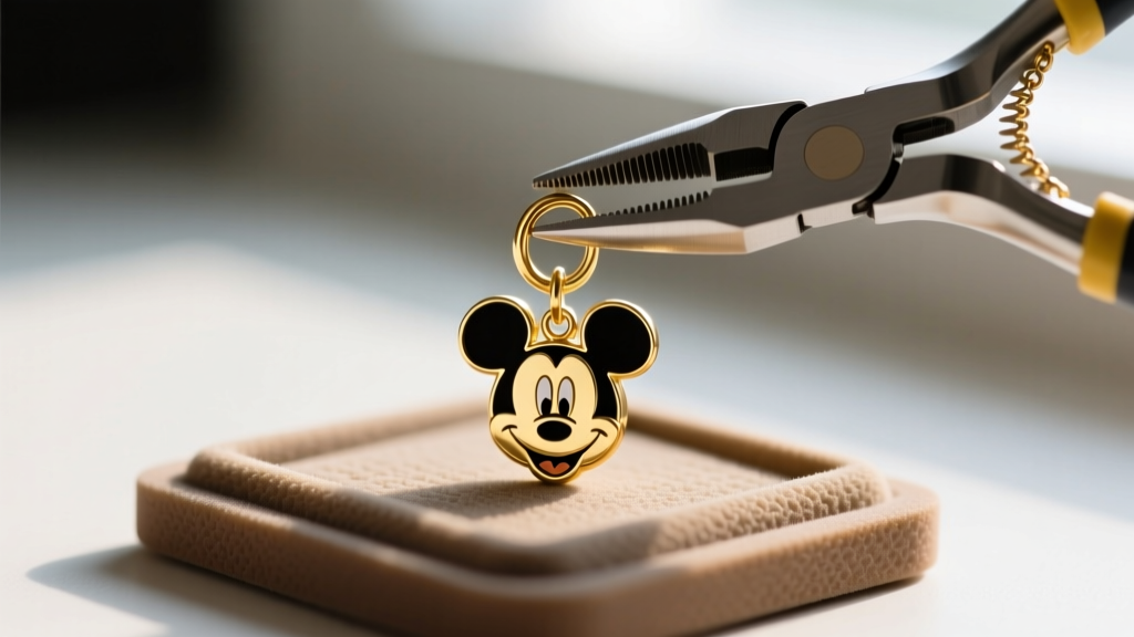 Chain-nose pliers adjusting a gold jump ring on a Mickey Mouse dangle earring, resting on a textured rubber jewelry bench pad