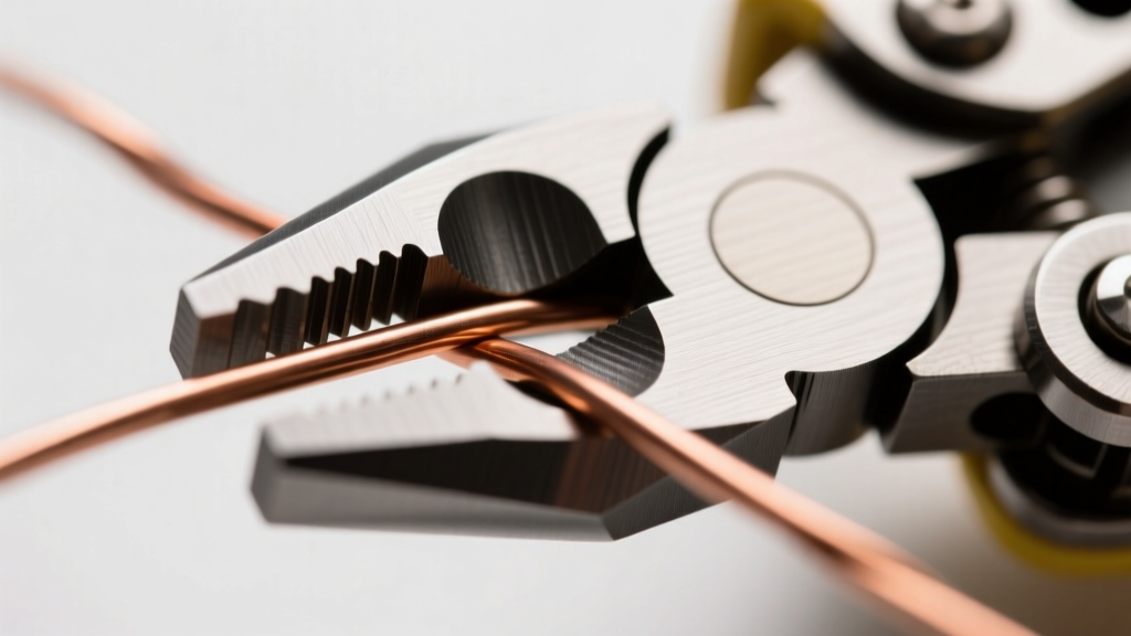 Macro photography of the Leatherman ARC needlenose plier jaws gripping a copper wire, showing the precision-machined tungsten carbide wire cutters.