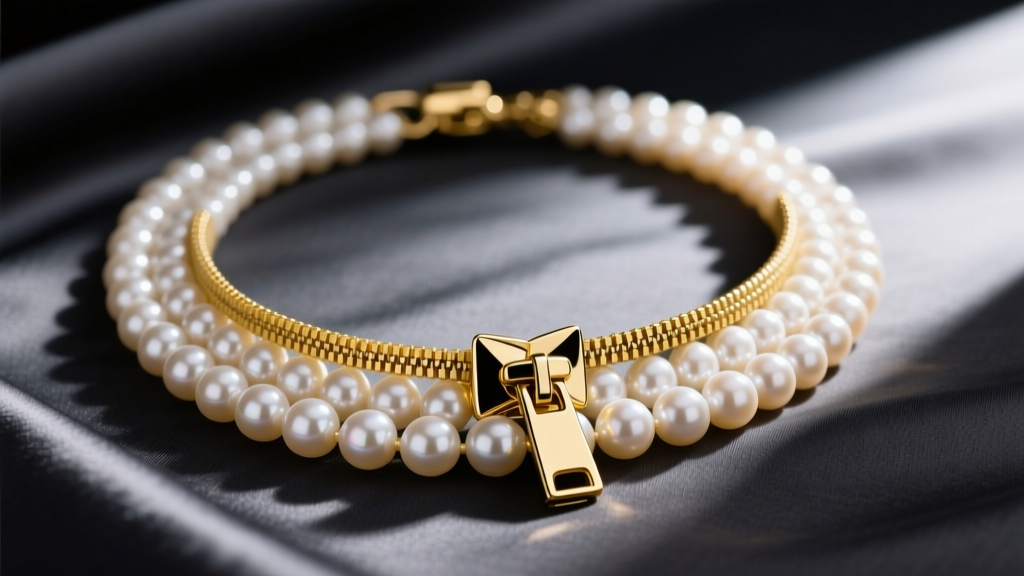 Close-up of a multi-strand pearl necklace with a polished 18k yellow gold zipper clasp resting on dark charcoal silk fabric