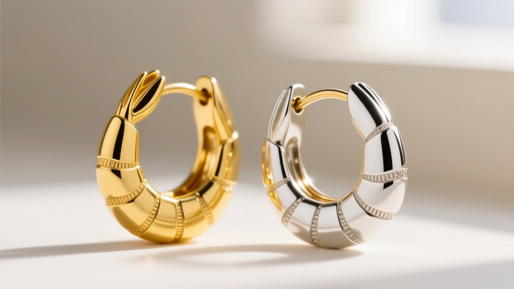 Macro view of yellow and white gold shrimp hoop earrings side by side, highlighting distinct colors and polished metal finishes.