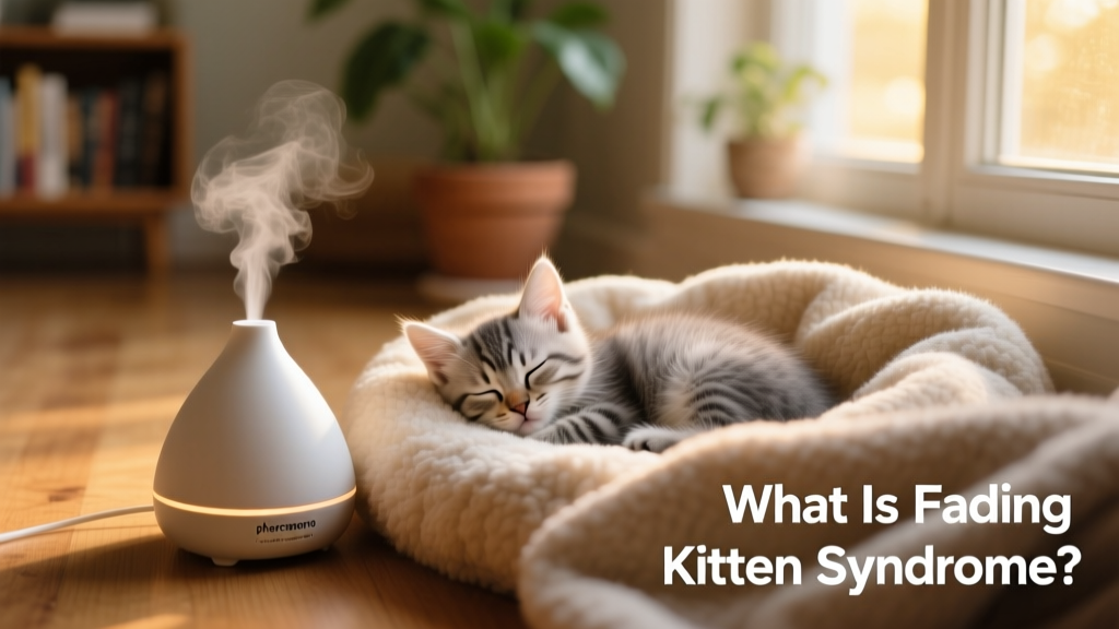 Calming pheromone diffuser placed beside a cozy, warm nesting area with a recovering kitten resting peacefully