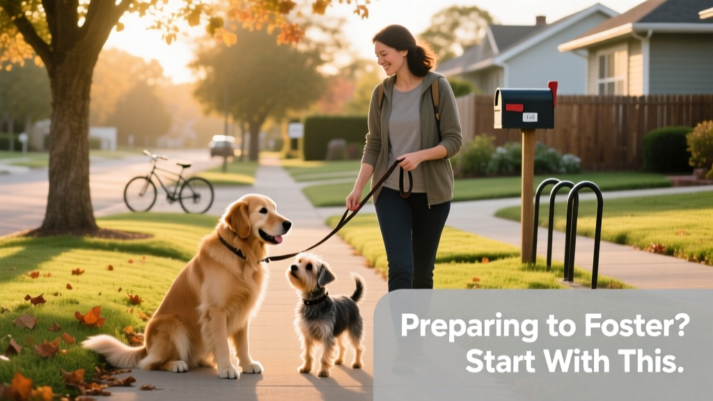 Two friendly dogs meeting calmly on-leash during a quiet neighborhood walk, with a foster parent holding both leashes